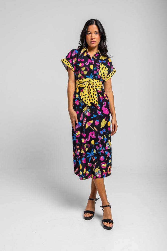 Camisero midi sin mangas negro con estampado veran