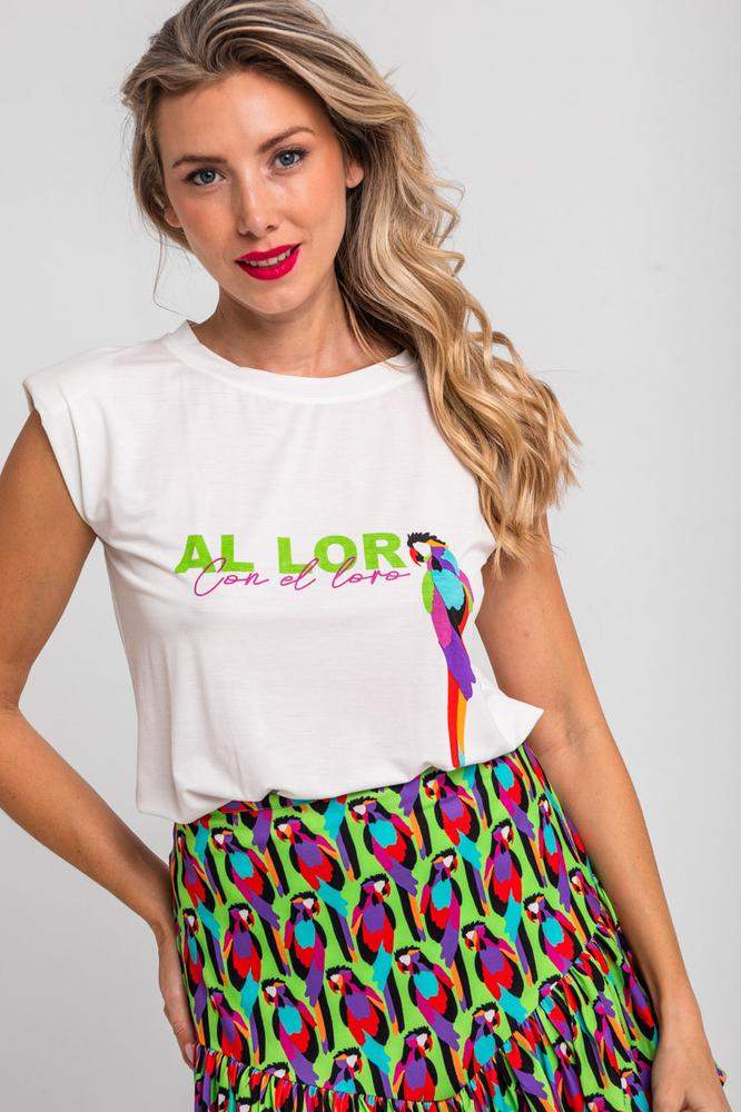 Camiseta sin mangas corte canalla blanca con loro