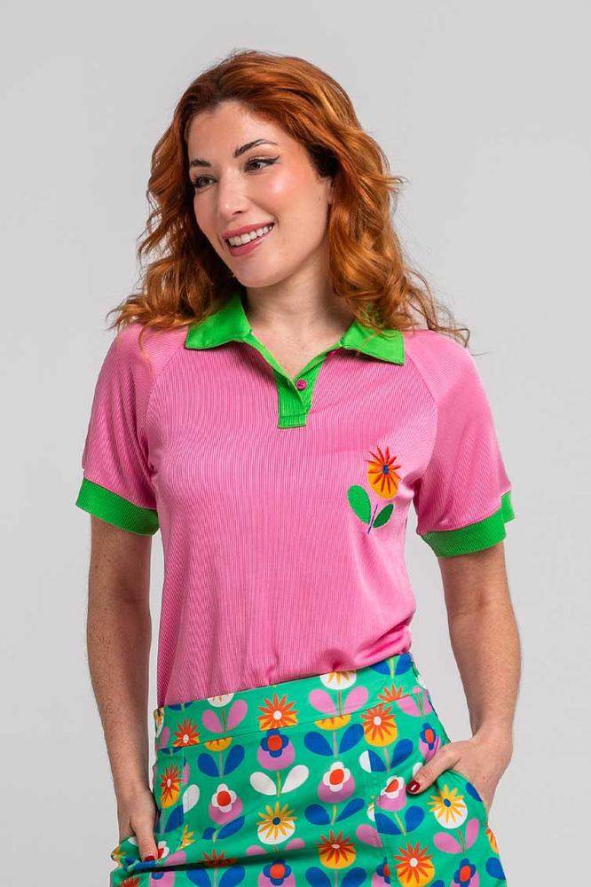 Camiseta tipo polo rosa y verde con flor - Floreci