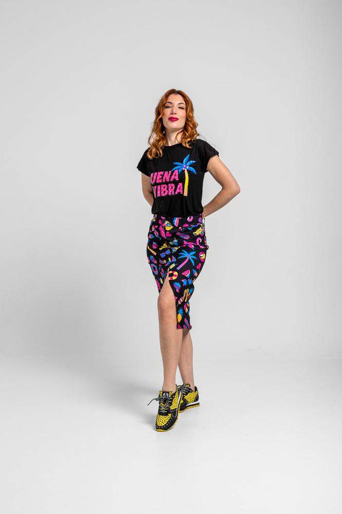 Falda Midi Jeans negra con estampado veraniego