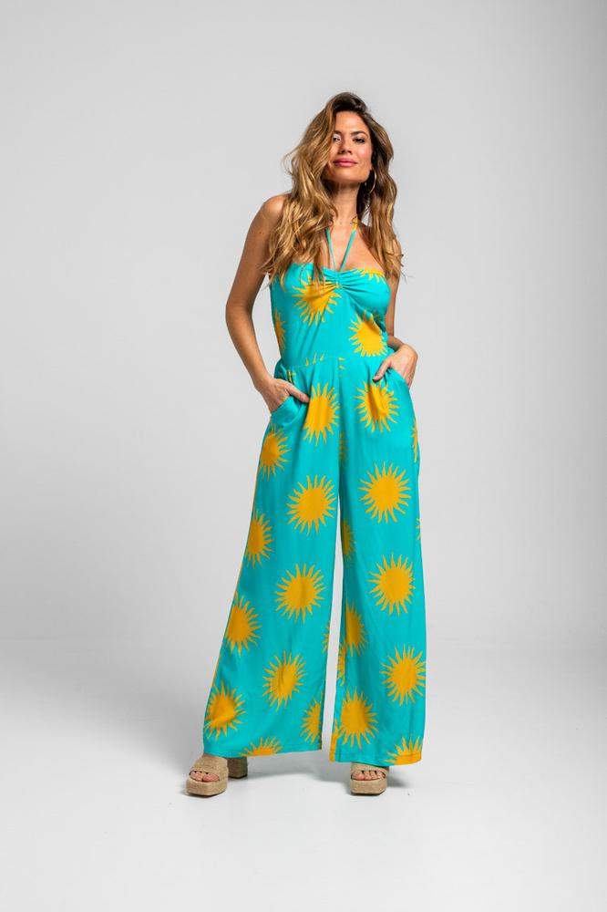 Mono Halter turquesa y soles amarillos 