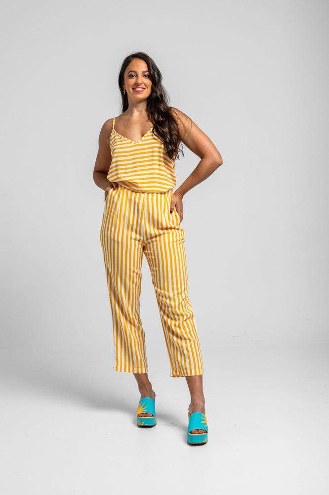 Pantalón culotte de rayas blancas y amarillas 