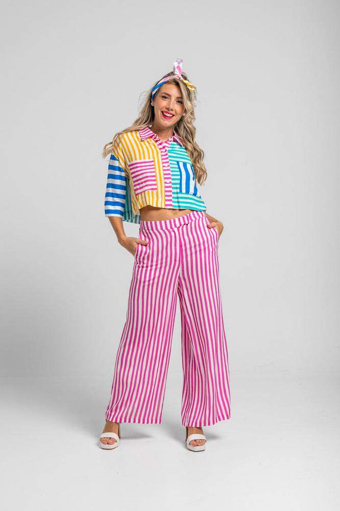 Pantalón culotte de rayas blancas y rosas - Limonc