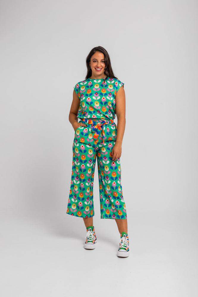 Pantalón culotte lazada verde de flores - Florecie