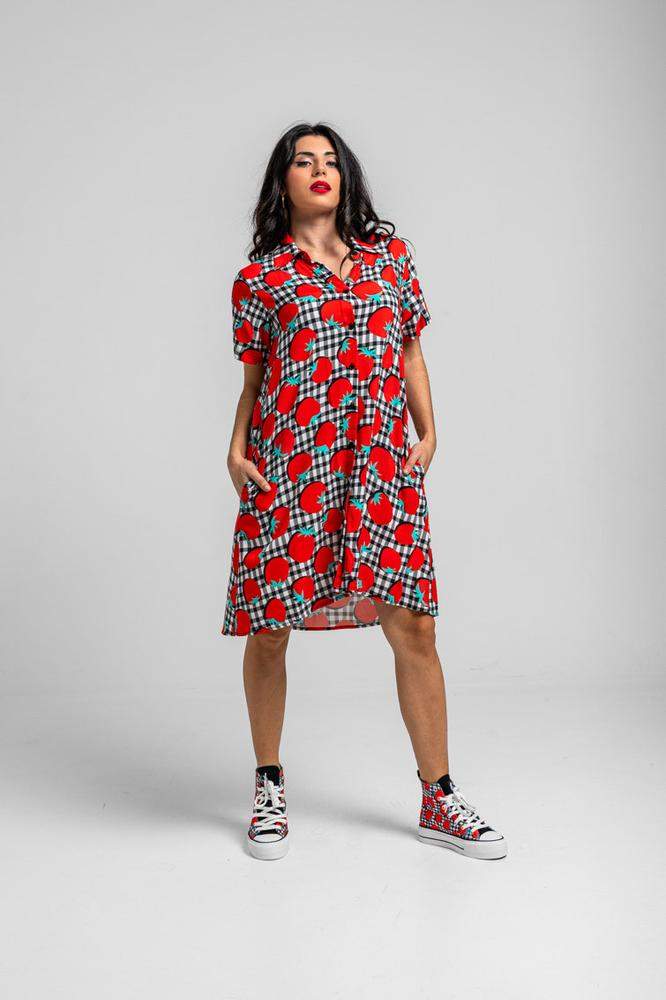 Vestido camisero corte A de tomates y vichi blanco