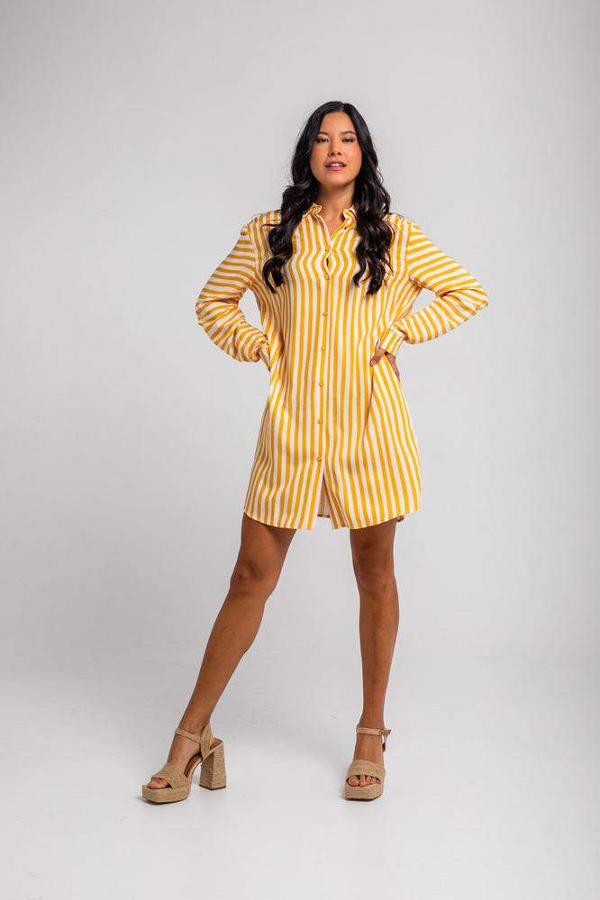 Vestido camisero mini manga recogida de rayas blan