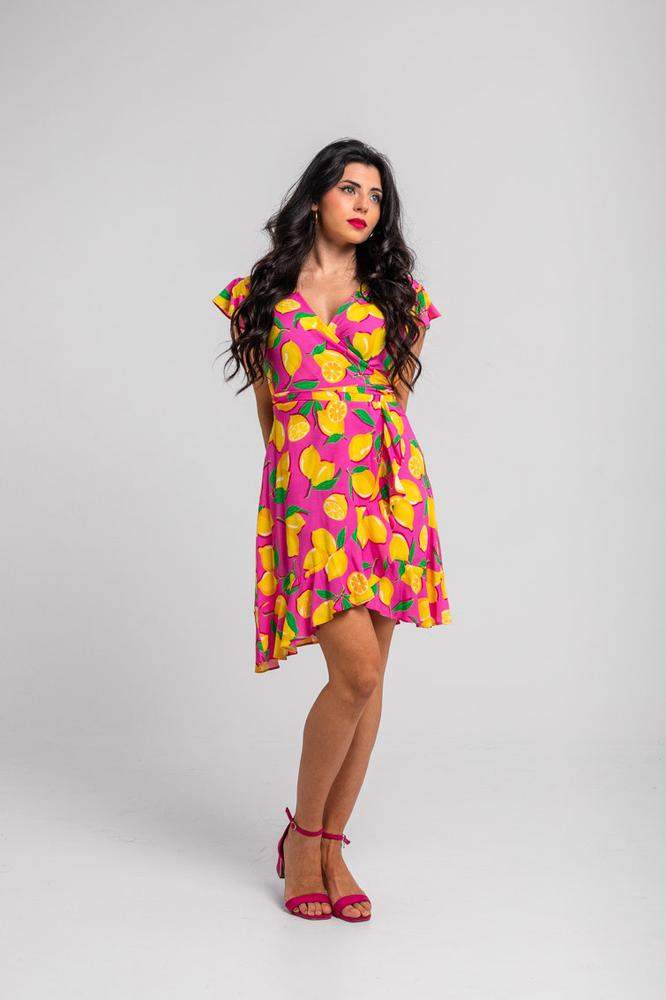 Vestido corto cruzado volantes rosa de limones - L