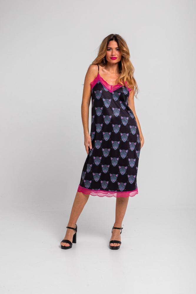 Vestido lencero con encaje negro de panteras 