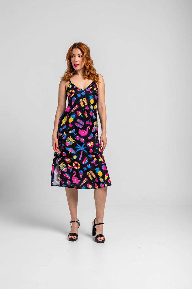Vestido lencero negro con estampado veraniego 