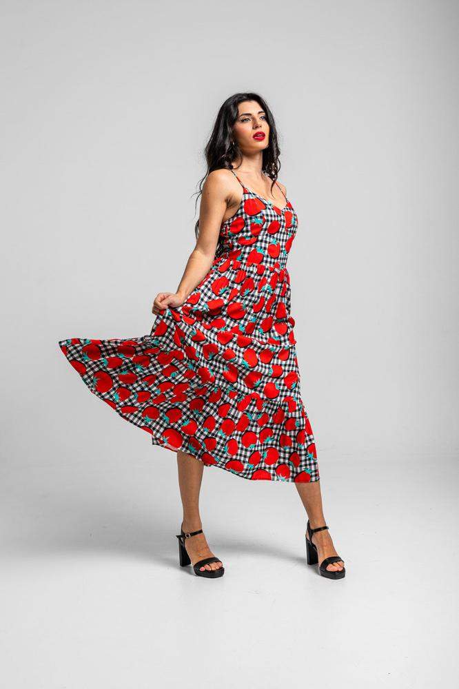 Vestido midi bustier de tomates y vichi blanco y n