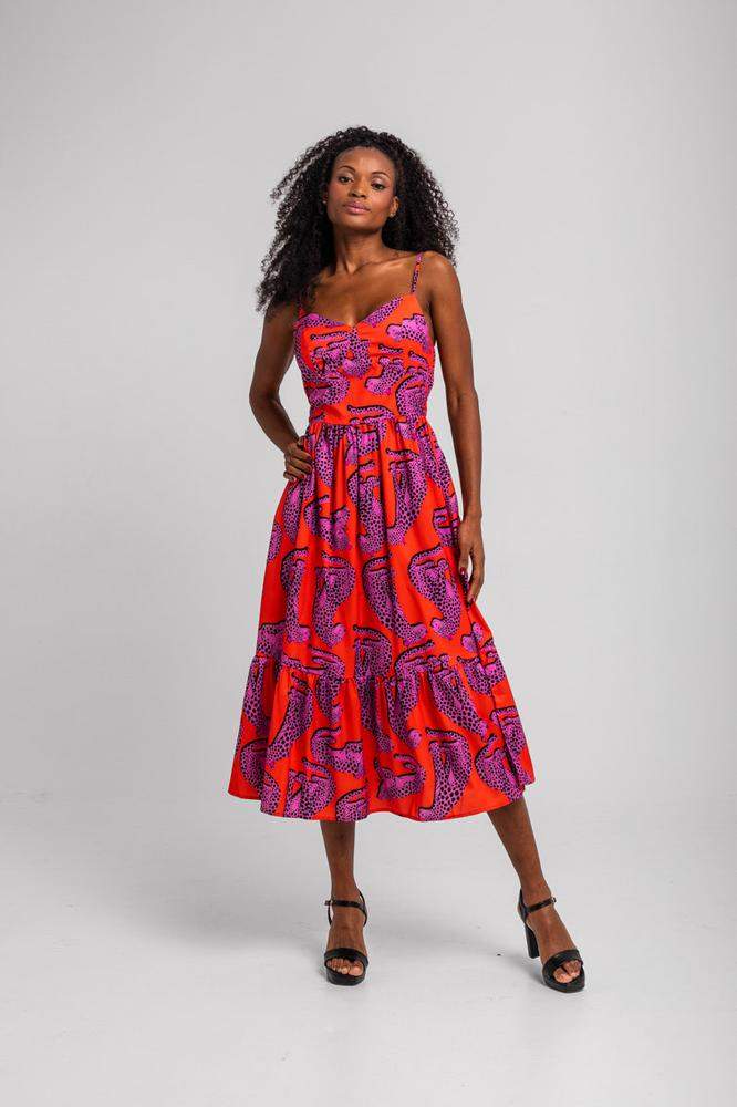 Vestido midi bustier naranja y panteras rosas 