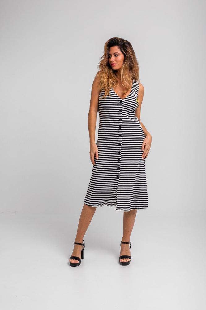 Vestido midi canalé sin mangas abotonado de raya b