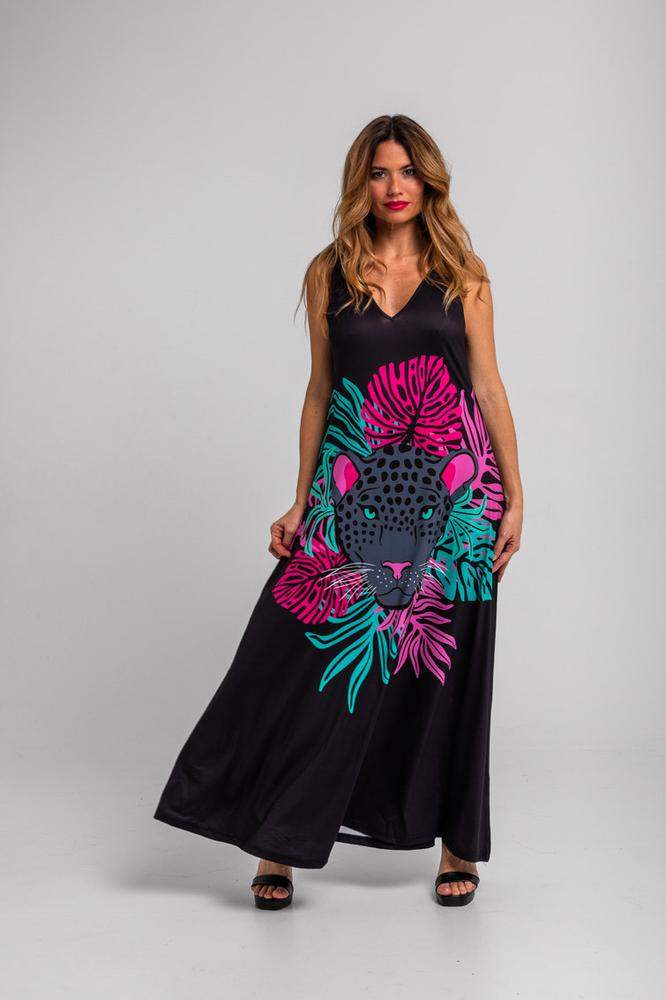 Vestido tirantes de hojas y panteras - Nocturna