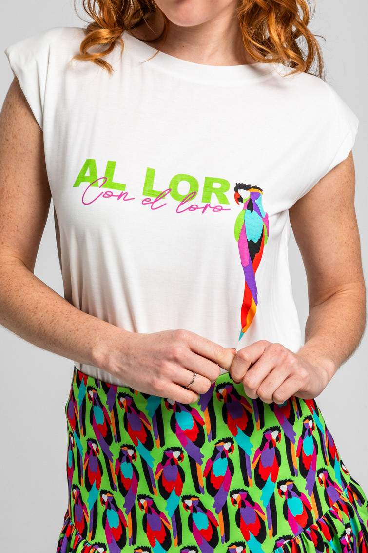 Camiseta sin mangas corte canalla blanca con loro - Imagen 5