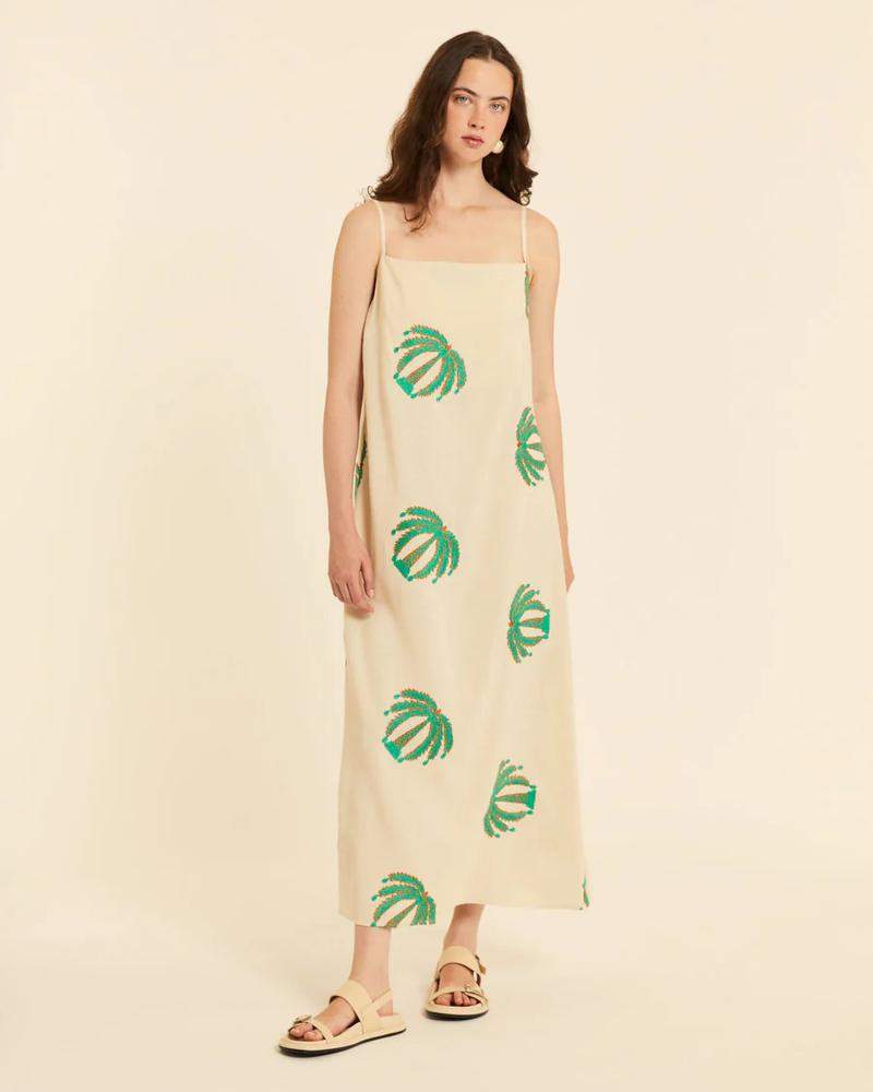 Vestido tirantas con bordado palmeras
