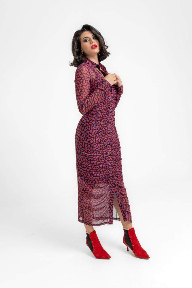 Vestido camisero largo drapeado tejido elástico -