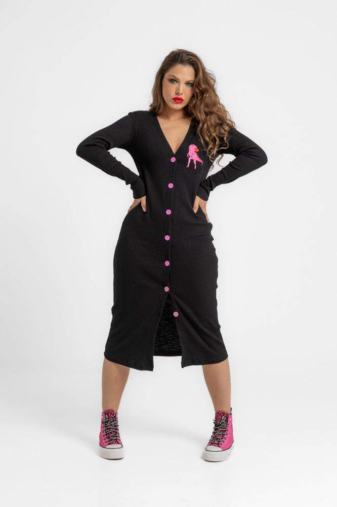 Vestido midi canalé manga larga abotonado - Fem Re